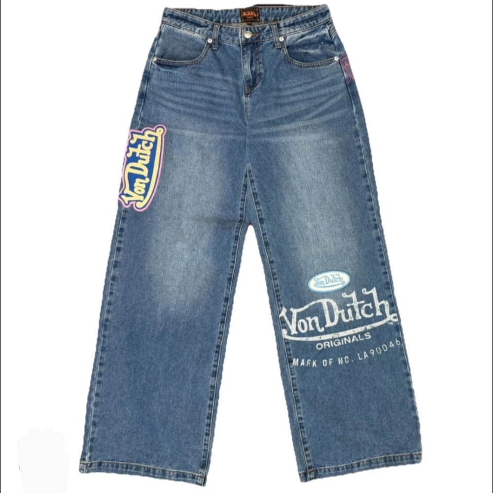 Von Dutch Originals Wide Leg Baggy Jeans Logo Patches Size 24 New With Tag!